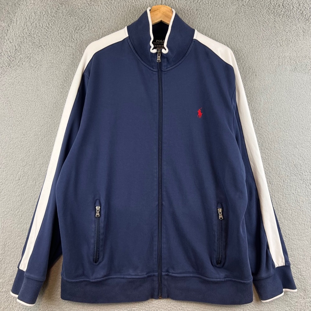 Polo Ralph Lauren Mens XL Navy Blue White Stripe Full Zip Track Jacket Red Pony